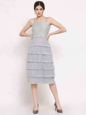 LELA Women A-line Blue Below Knee Dress