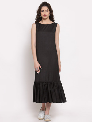 LELA Women A-line Black Midi/Calf Length Dress