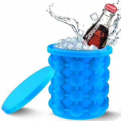PROPER SHOP 2 in 1 Ice Cube Mould and Container, Air Tight Space Saving Kitchen Ice Bucket, Blue Silicone Ice Ball Tray(Pack of1)