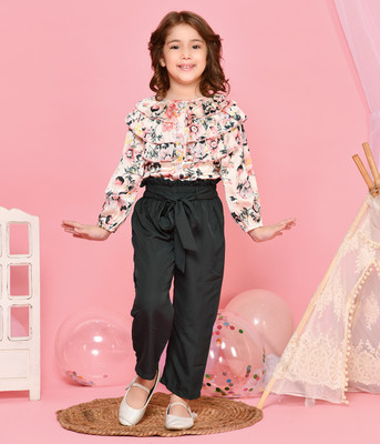Lilpicks Girls Casual Top Trouser(Beige, Green)
