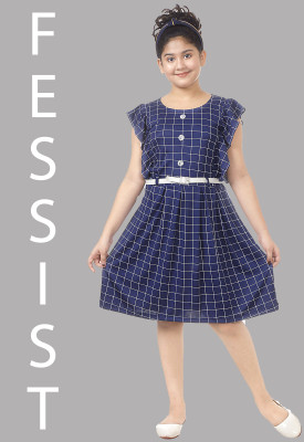 Fessist Indi Girls Midi/Knee Length Casual Dress(Blue, Cap Sleeve)