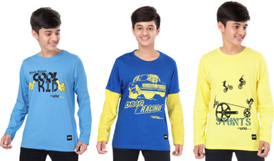 UNOSEVEN Boys Graphic Print Pure Cotton Regular T Shirt(Multicolor, Pack of 3)