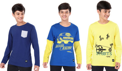 UNOSEVEN Boys Graphic Print Pure Cotton Regular T Shirt(Multicolor, Pack of 3)