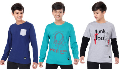 UNOSEVEN Boys Graphic Print Pure Cotton Regular T Shirt(Multicolor, Pack of 3)