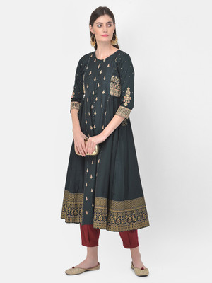 Span Women Embroidered Flared Kurta(Green)