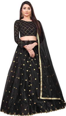 emzo Embroidered Semi Stitched Lehenga Choli(Black)