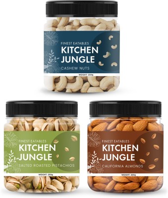 Kitchen Jungle Dry Fruit Combo Pack | California Almonds (250gm) + Cashew Nuts (250gm) + Salted Roasted Pistachios (250g) | Jar Pack Almonds, Cashews, Pistachios(3 x 250 g)