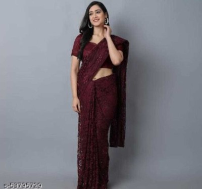 CARRYOX Self Design Bollywood Net Saree(Maroon)