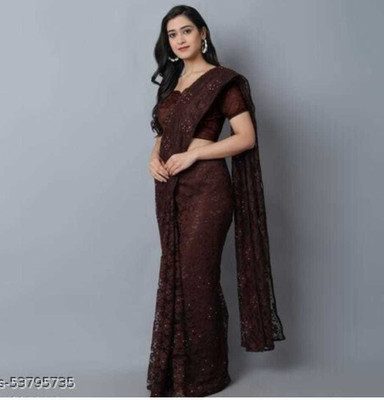 BRAHMANI TEXTILE Self Design Bollywood Net Saree(Brown)