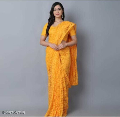 Aarya creation Self Design Bollywood Net Saree(Yellow)