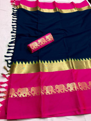 Fab Silk Solid/Plain Banarasi Cotton Silk Saree(Dark Blue)