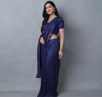 CARRYOX Self Design Bollywood Net Saree(Blue)