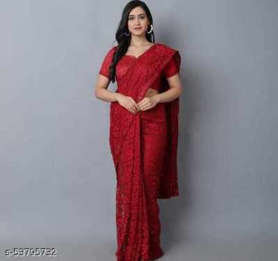CARRYOX Self Design Bollywood Net Saree(Red)