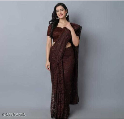 Aarya creation Self Design Bollywood Net Saree(Brown)