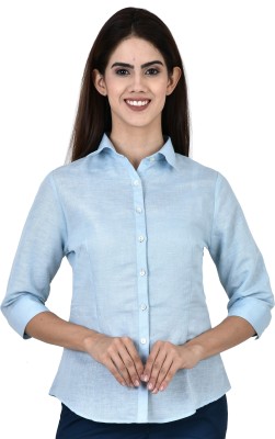 Bleu Velvet Women Solid Formal Blue Shirt
