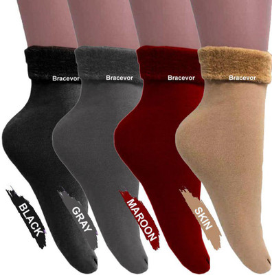 Bracevor Winter Socks Velvet Thermal Thumb Warm Ankle Calf length Feather Fleece Fur Stretchy Elastic Socks For Men,Women,Girls and Boys Unisex Socks Men & Women Solid Ankle Length(Pack of 4)