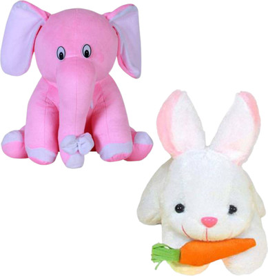 Toyhaven Adorable and cute soft toy set of 2 plush toys- sitting elephant and rabbit in beautiful colors / soft toys for kids and special occasions  - 25 cm(White, Pink)