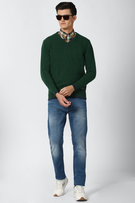 PETER ENGLAND Self Design V Neck Casual Men Green Sweater