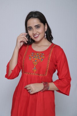 Shreeji Garment Casual Embroidered Women Red Top