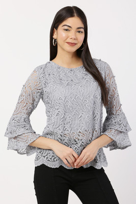 REESE Casual Embroidered Women Grey Top