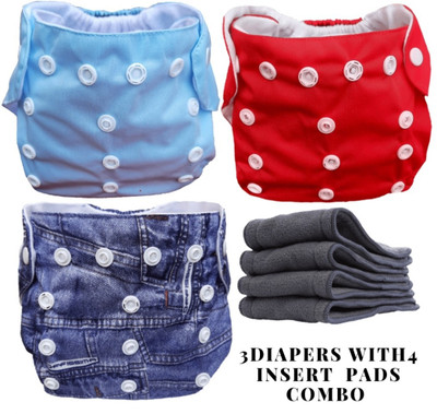Khatola Enterprises 2 Solid Colour and 1Denim Print Reusable & Washable Cloth Diapers for Babies and Toddlers (3 Months to 2 years), Adjustable for all Babies Size S,M,L by snap buttons (Pack of 3 Diaper with 4 Insert Pads). - M(7 Pieces)