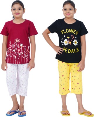 Cave Tree Kids Nightwear Girls Printed Cotton(Maroon Pack of 2)