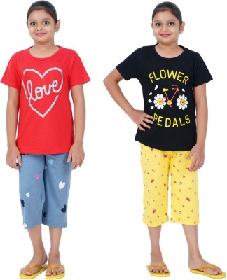 Cave Tree Kids Nightwear Girls Printed Cotton(Black Pack of 2)