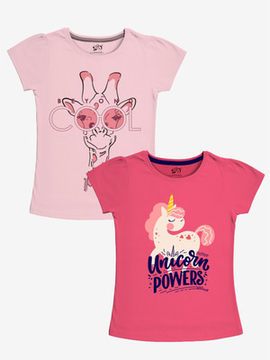 x2o Girls Graphic Print Cotton Blend Regular T Shirt(Multicolor, Pack of 2)