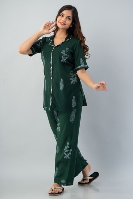 TRINABH Women Printed Green Shirt & Pyjama set
