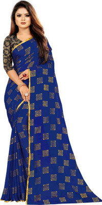 POSHNIKA Printed Bollywood Chiffon Saree(Dark Blue)