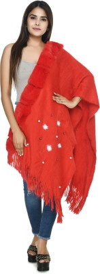 manra Wool Self Design, Embellished Women Shawl(Red)