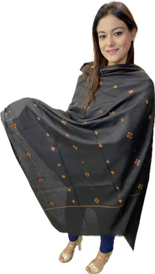 manra Wool Self Design Women Shawl(Black)