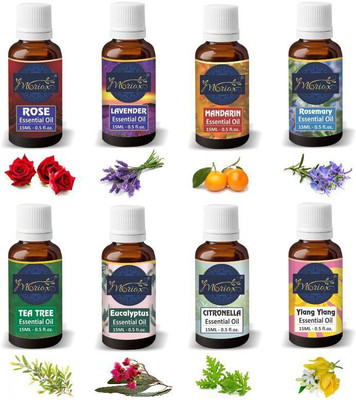 MORIOX Rose Lavender Mandarin Rosemary Tea Tree Eucalyptus Citronella and Ylang Ylang Essential Oil -Pack of 8(120 ml)