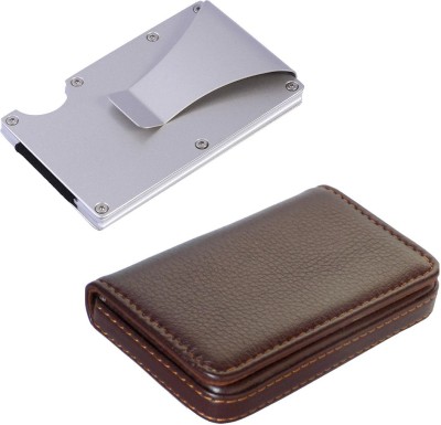 StealODeal Combo Silver Aluminium Alloy Rfid Protected Case With Brown Side Leather 15 Card Holder(Set of 2, Silver, Brown)