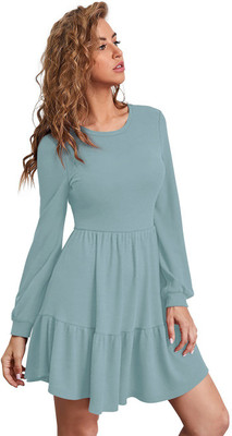 Cropyfy Women Fit and Flare Light Blue Above Knee/Mid Thigh Length Dress
