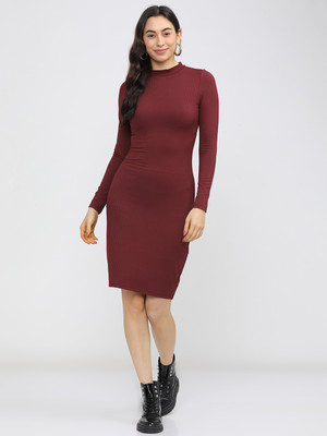 Tokyo Talkies Women Ribbed Brown Knee Length Dress