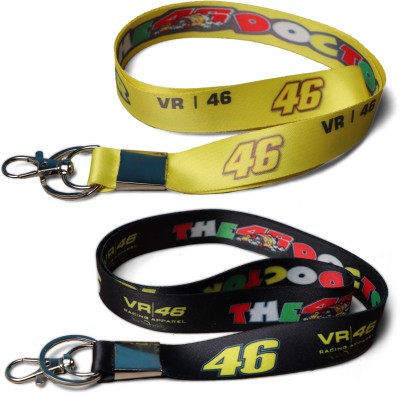 RINKON VR46 Keychain For Men Boys Moto Gp Racing Vr46 Bikers Keychains Rossi Fans Club Lanyard Stylish Sports Doctor Valentino Rossi Rope Fabric ID Tag Fashion Premium Quality Hook locking Black Yelloe Pack of 2 Key Chain