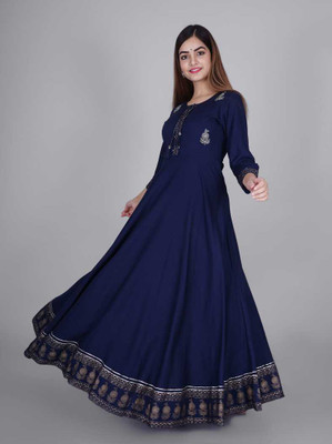 Rayon Kurtiwalas Women Printed Anarkali Kurta(Blue)