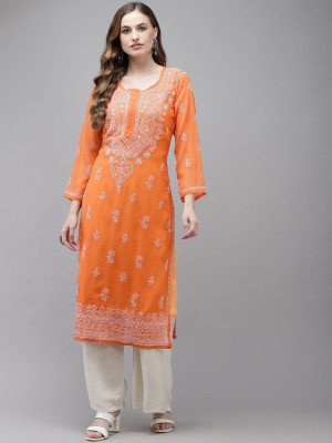 ADA Women Embroidered Straight Kurta(Orange)