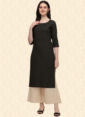 Hritika Women Striped Straight Kurta(Black)