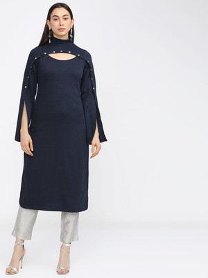 Vishudh Women Solid Straight Kurta(Dark Blue)