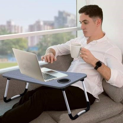FurniGully Smart Multi-Purpose Laptop Table with Dock Stand and Coffee Cup Holder Wood Portable Laptop Table(Finish Color - BLACK, Pre Assembled)