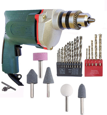 DUMDAAR Heavy duty 10MM Electric drill machine 350W with 13pc HSS 5pc Masonry drill bit and 5pc Mounted Stone (Pack of 4) Power & Hand Tool Kit(24 Tools)
