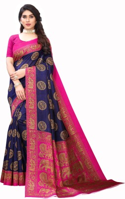 VCREATION Woven Kanjivaram Art Silk Saree(Dark Blue, Pink)