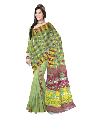 Pradip Fabrics Floral Print Jamdani Silk Blend Saree(Maroon, Light Green)