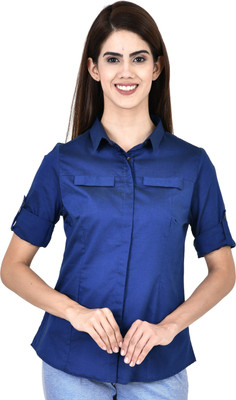 Bleu Velvet Women Solid Formal Blue Shirt