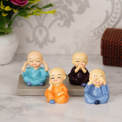 Dinine Craft Set of 4 Showpiece for Home Decoration, Handicraft Item, Showpiece for Table Decor, Little Monk Buddha with Message, Showpiece for Modern Interior Decorative Showpiece  -  6 cm(Polyresin, Multicolor)