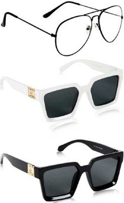 shadz Retro Square, Aviator, Rectangular Sunglasses(For Men & Women, Clear, Grey, Black)