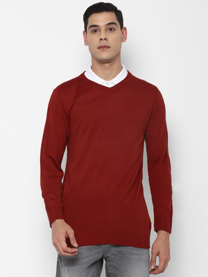 FOREVER 21 Solid V Neck Casual Men Red Sweater
