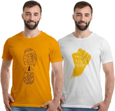 Boodbuck Printed Men Round Neck White, Yellow T-Shirt